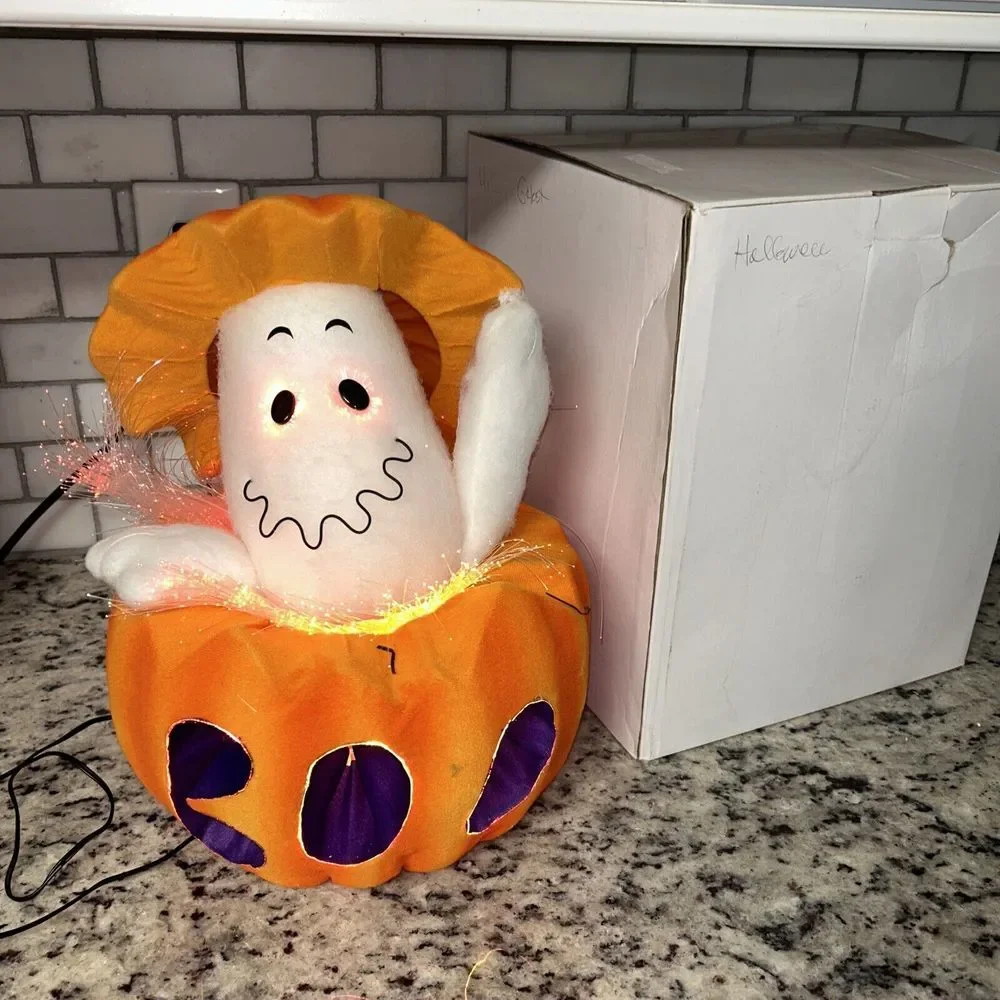 Sterling Large Halloween‎ Fiber Optic Ghost inside Light Up Pumpkin Decoration